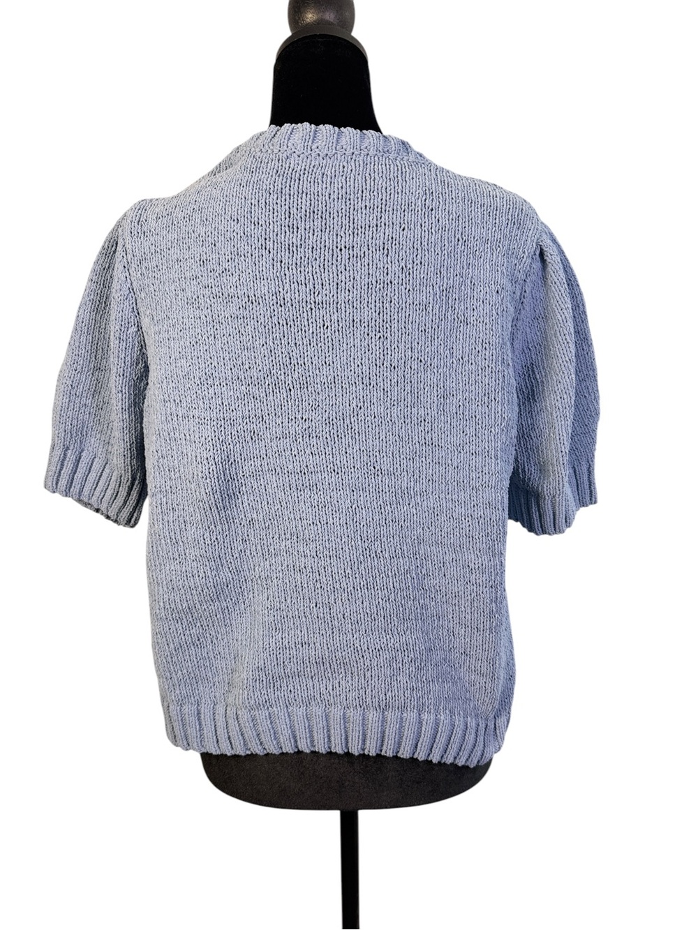 Joie Size L Blue Knit Sweater Top Crochet Floral Appliqué Puff Sleeve Cottagecor - Picture 4 of 10